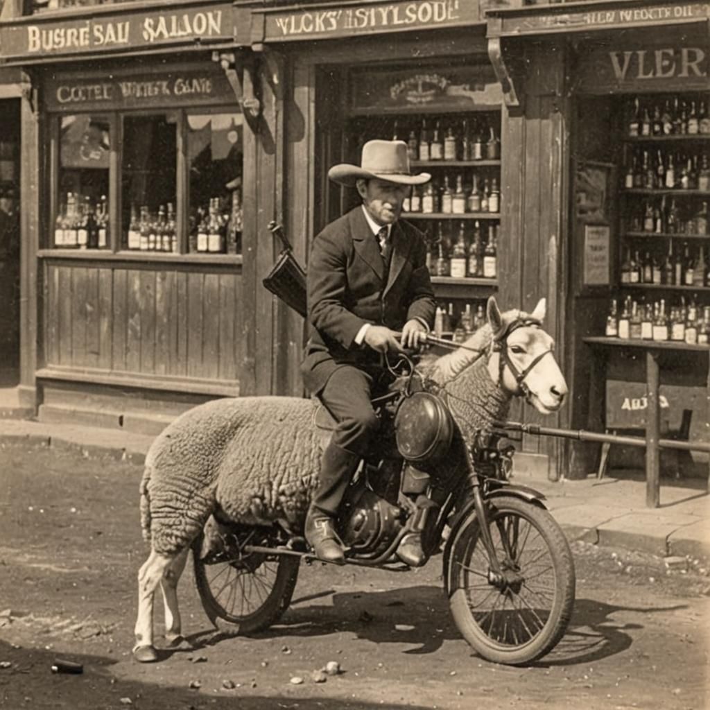 The feared Motor Sheep Rider of the Far West, an unknown ane...