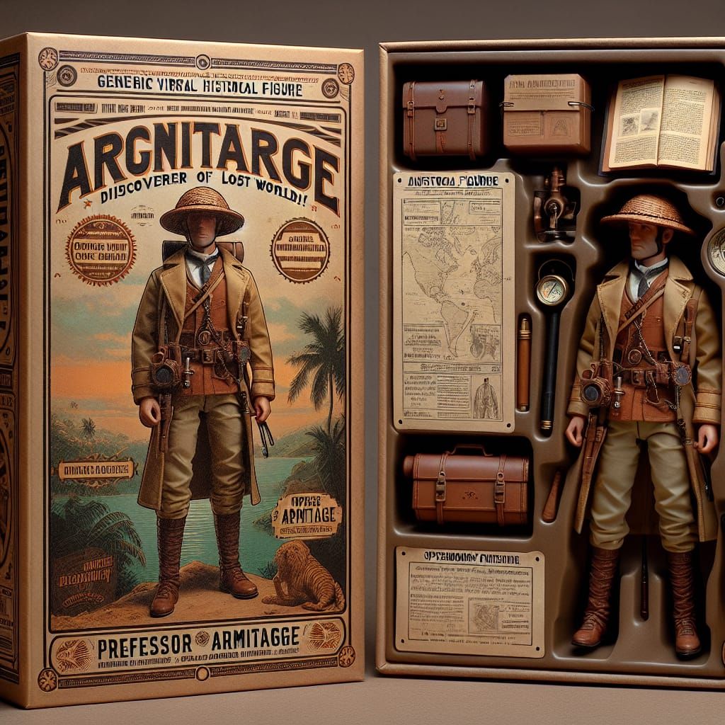 a historical figure action figure, packaged in a vintage-style box with sepia-toned graphics and classic typography