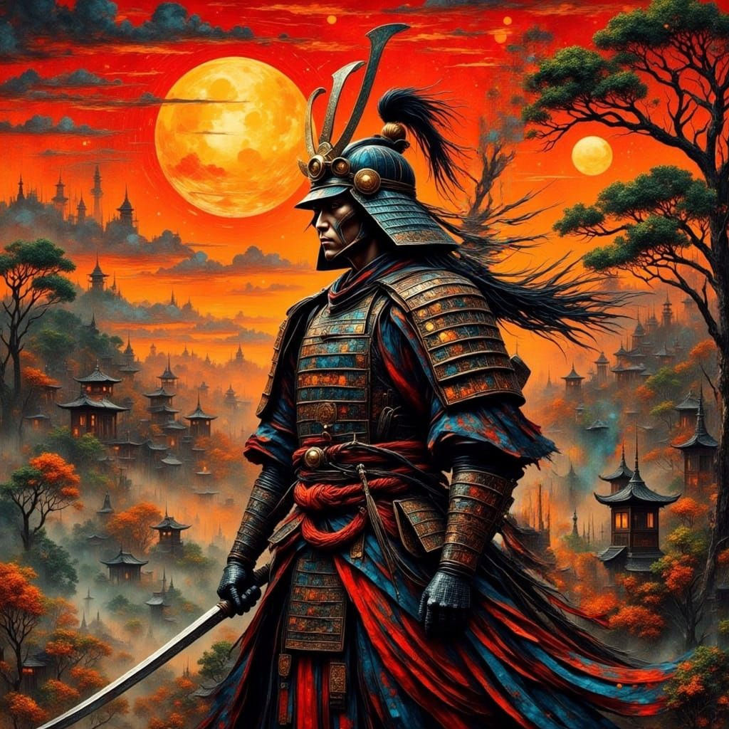 Surreal Japanese Samurai in Fiery Rising Sunlight