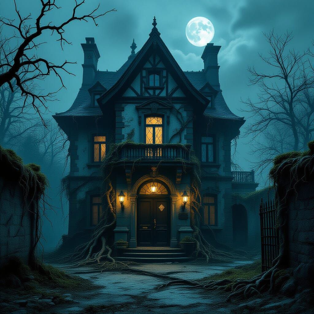 Overgrown Tavern Facade in Moonlit Alleyway