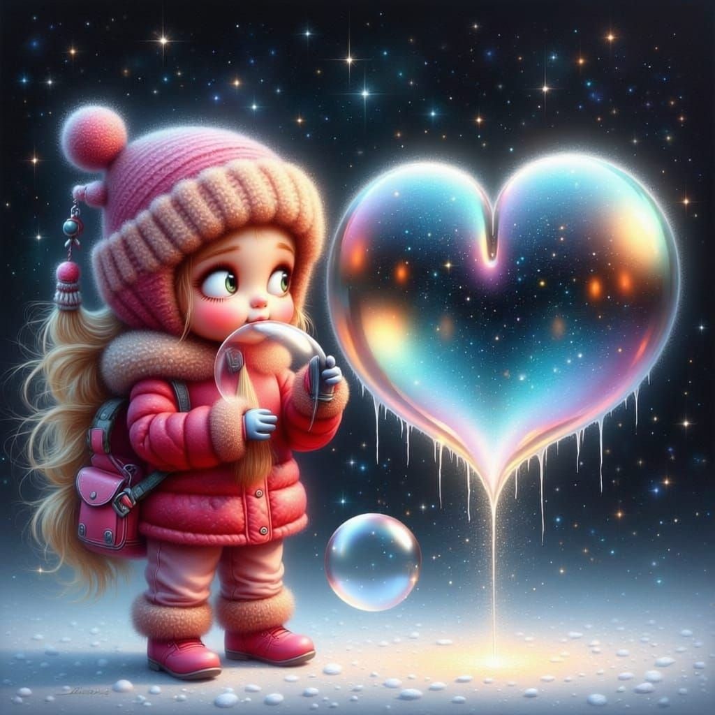 Whimsical Girl Blowing Heart Bubble in Winter Airbrush Scene