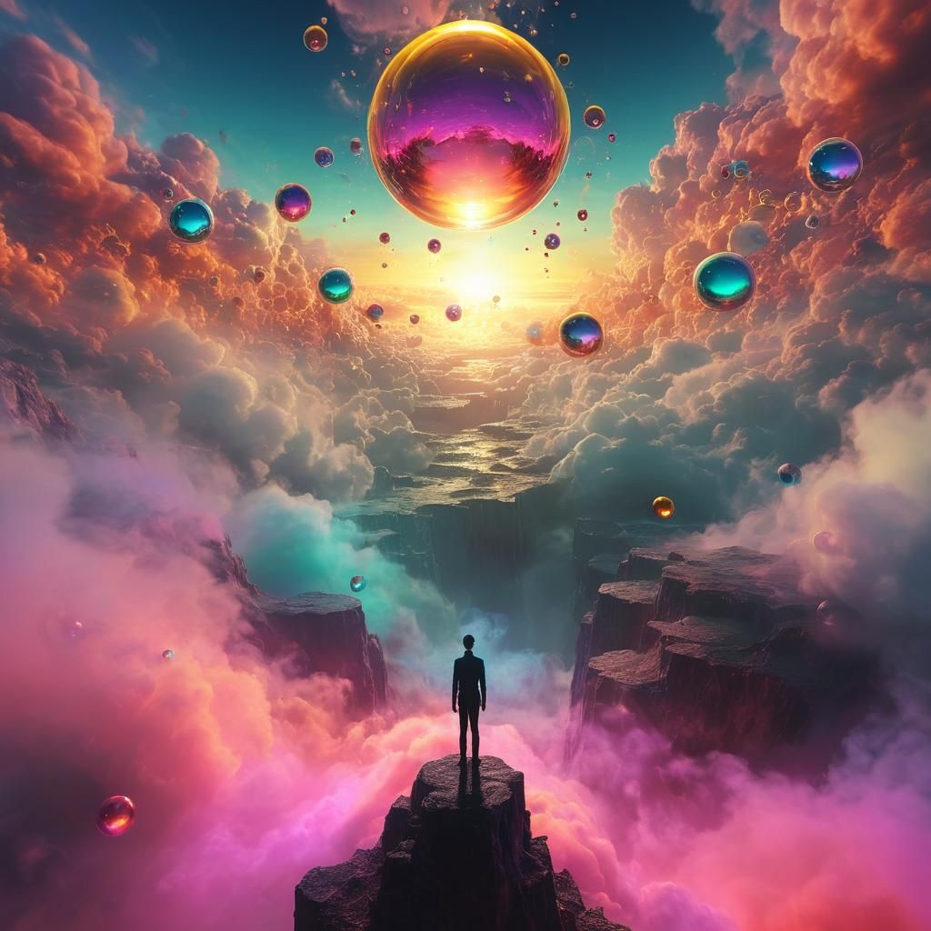 Dreamlike Abyss with Metallic Orbs, Digital Art