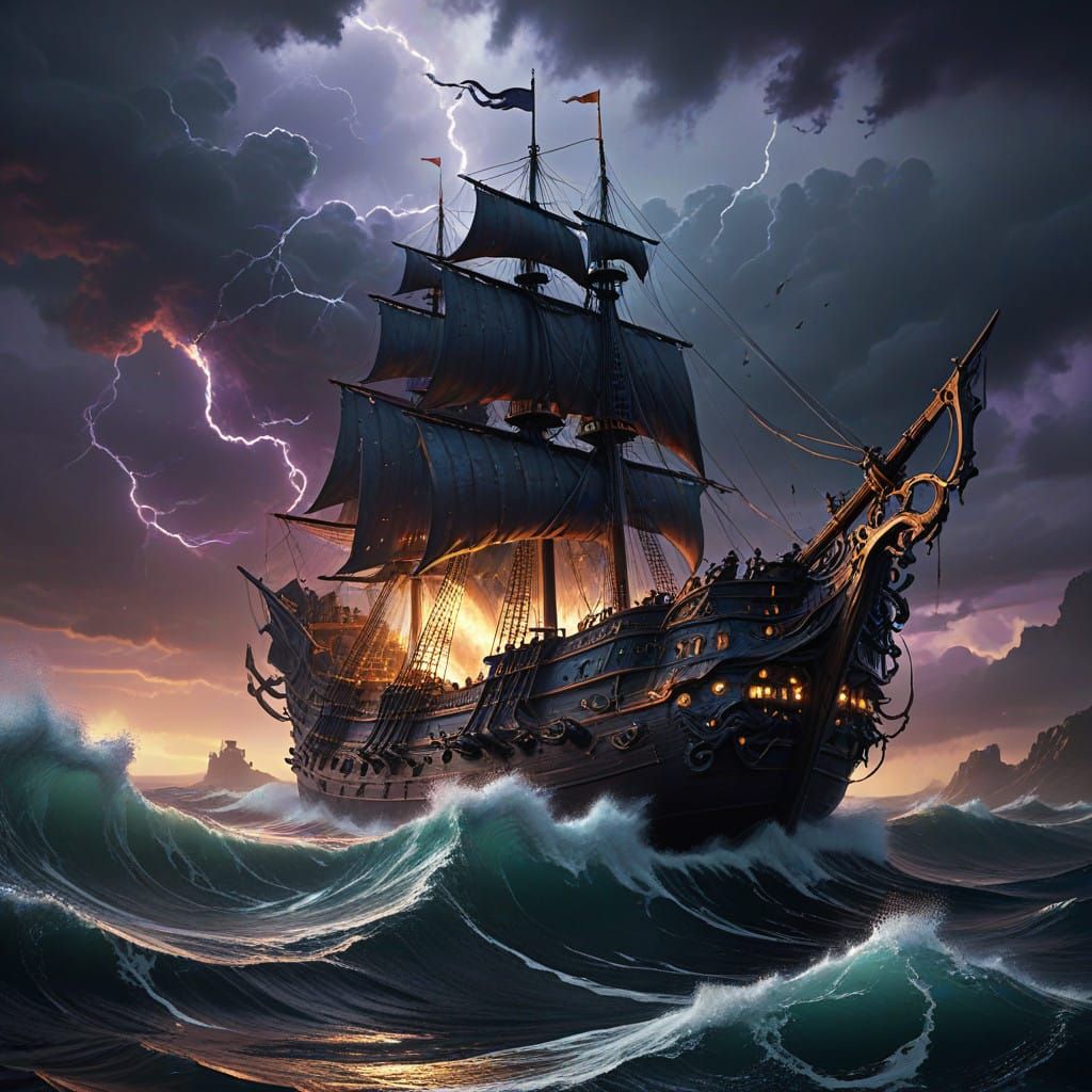 Ship Sinking into Turbulent Waters in Dark Fantasy Style