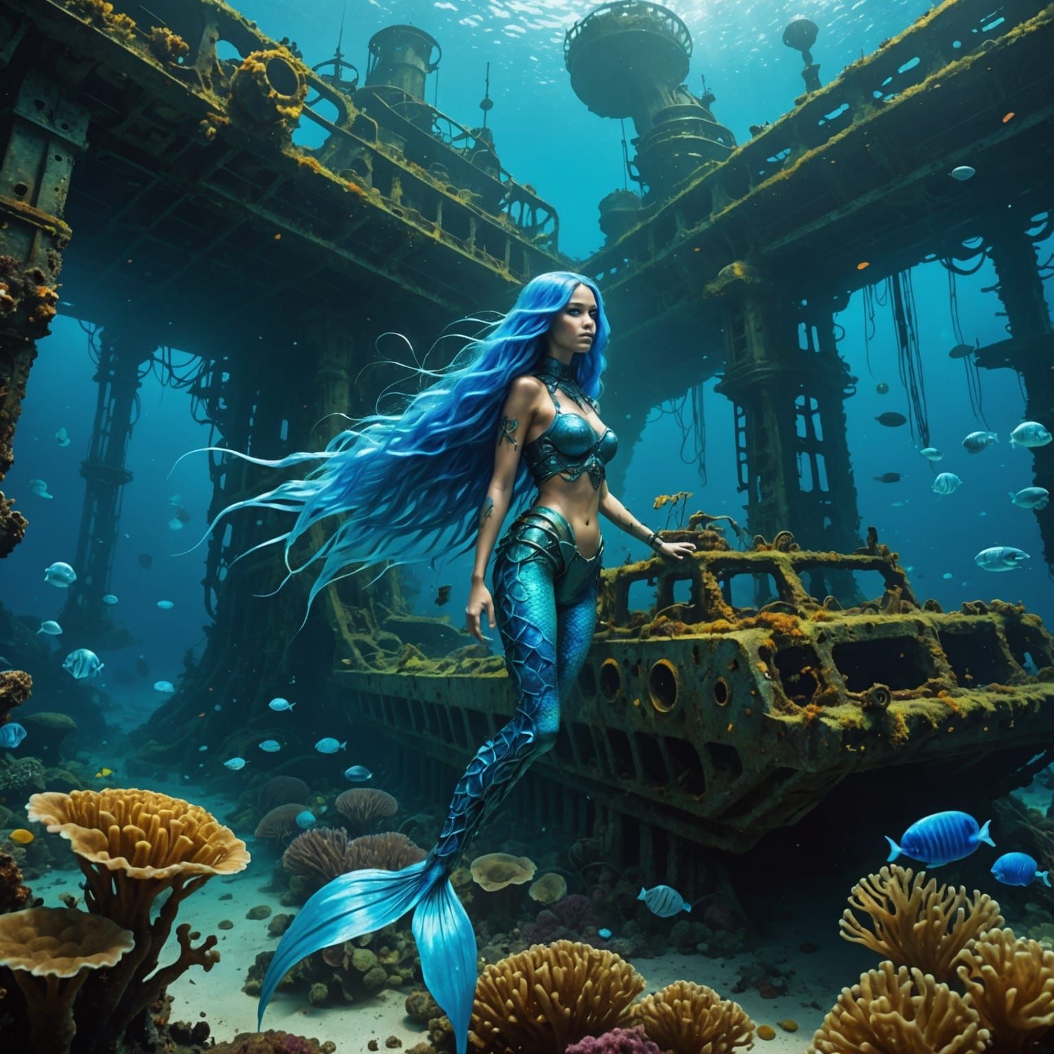 Cyborg Mermaid and Sunken Submarine Wreck