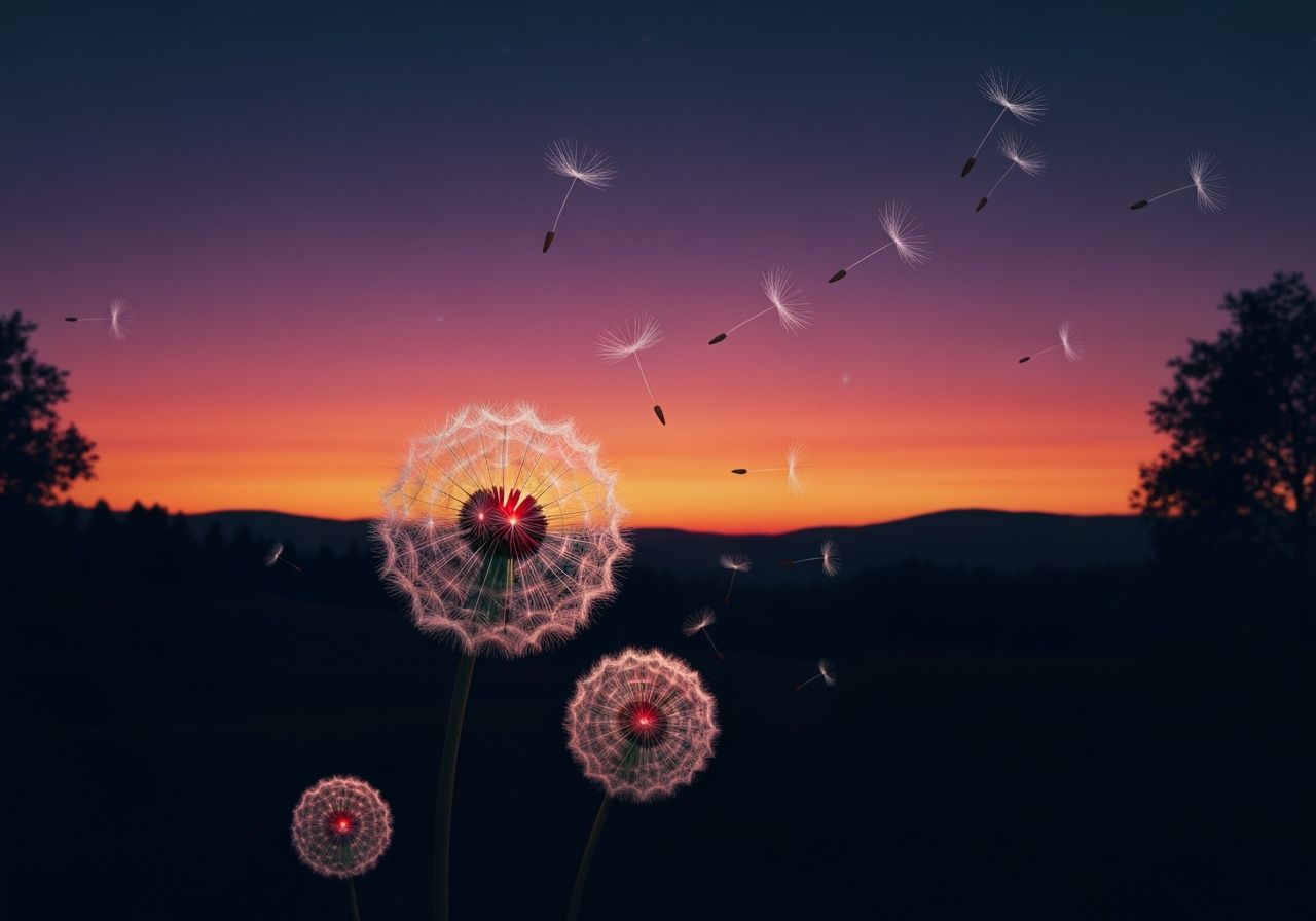 Glowing Dandelions Dispersing in Dramatic Sunset