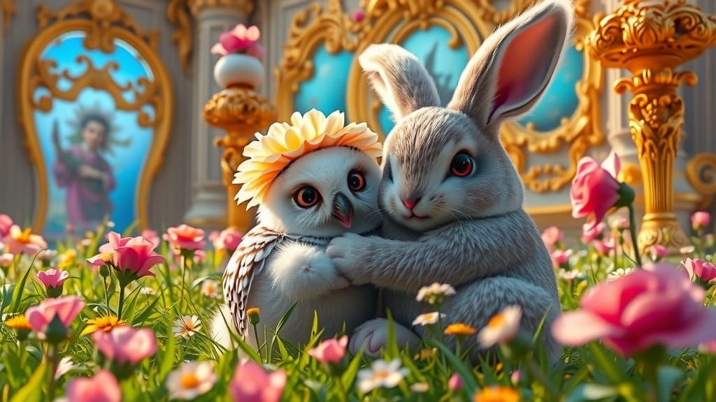 Snowy Owl and Bunny in Whimsical Meadown Landscape