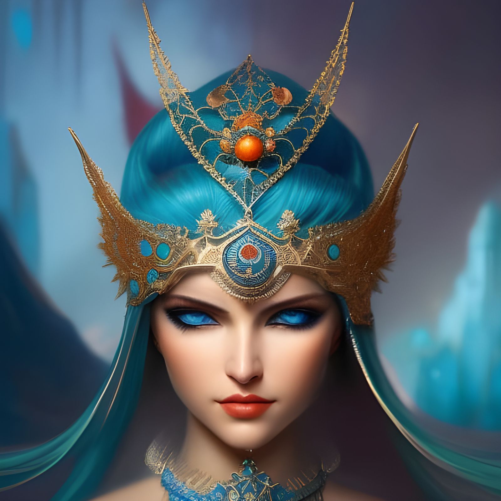 Beautiful Elf with Turquoise Tiara: Digital Illustration