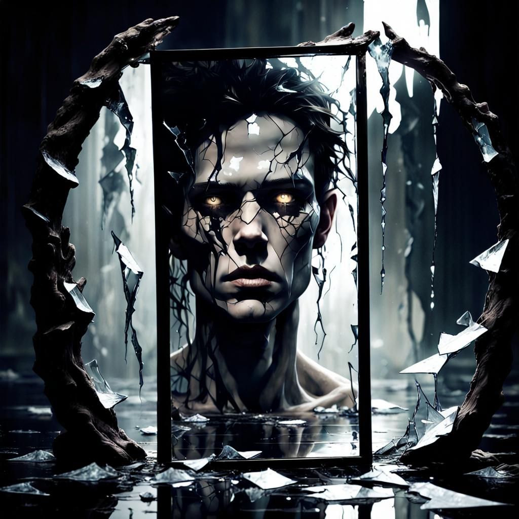 Eerie Reflections in Shattered Mirror: Dark Fantasy Art