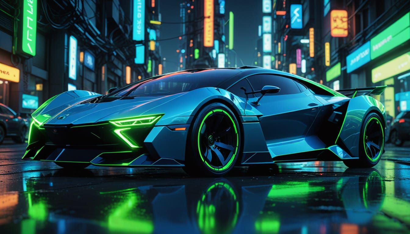Sleek Futuristic Car Speeds Through Neon Cityscape in Cyberp...