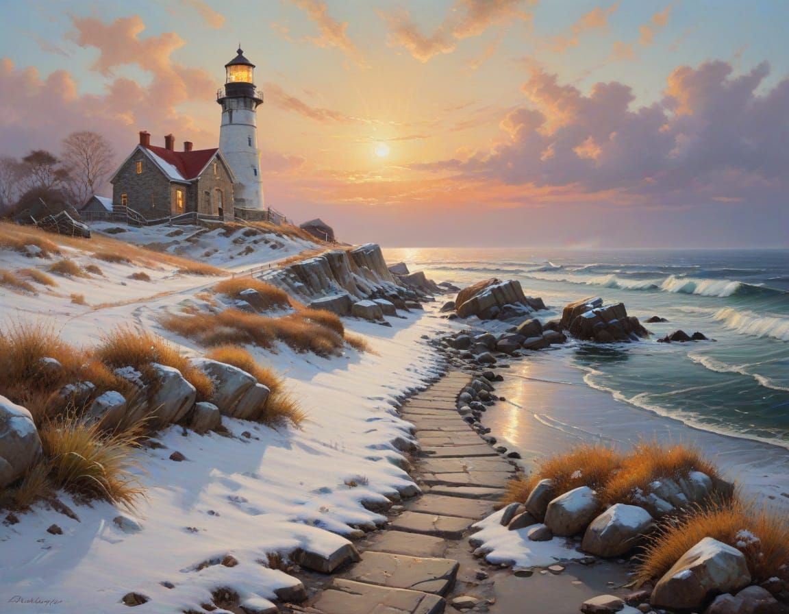 Winter Sunset Lighthouse Scene in Impasto Oil Painting Style