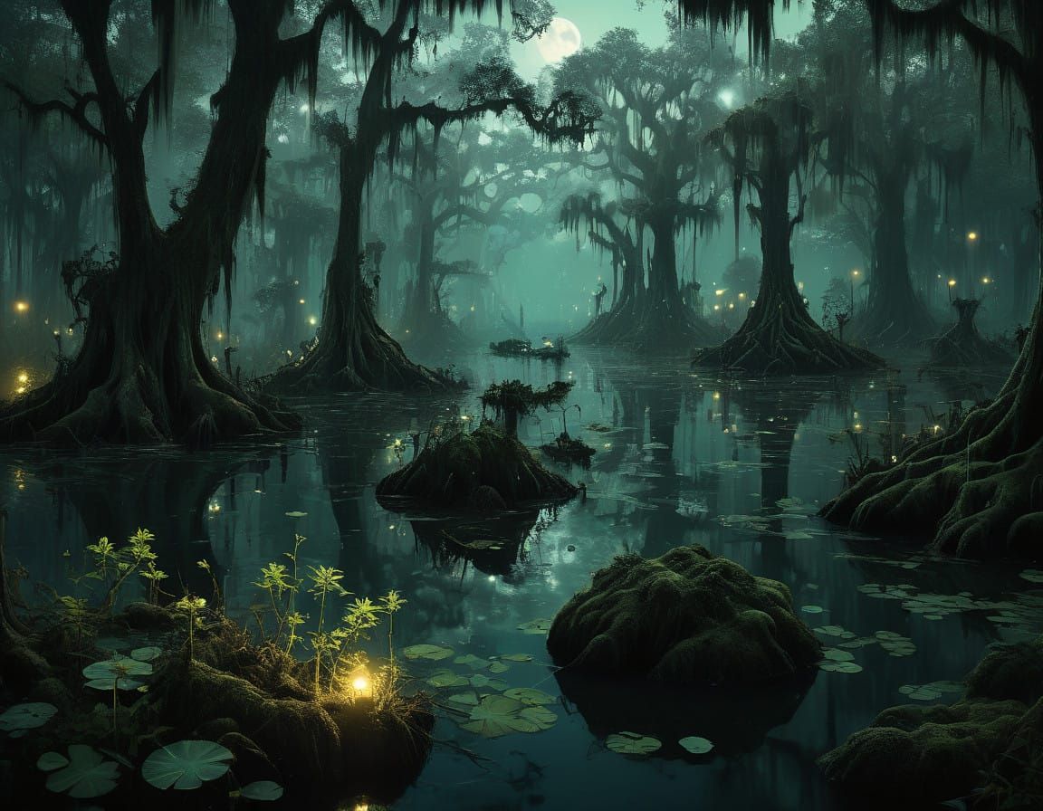 Mystical Black Swamp Scene in Dreamlike Aesthetic