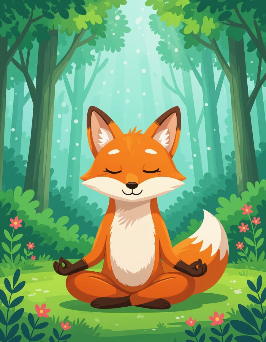 Zen Cartoon Fox Meditating in Forest
