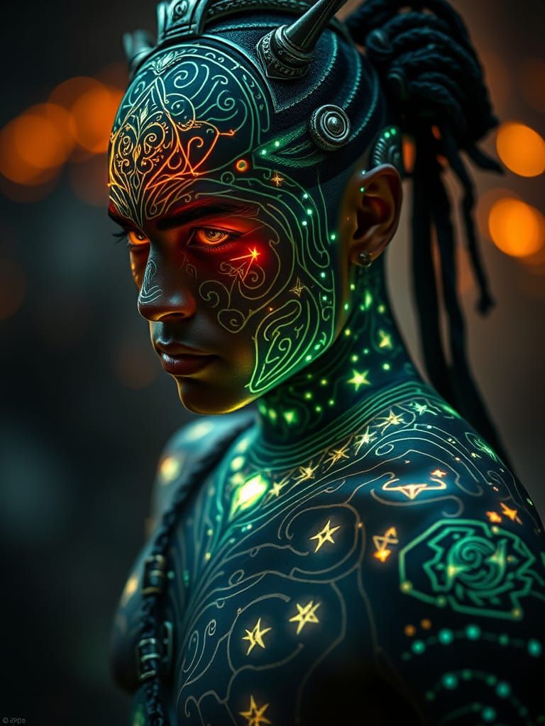Warrior with Molten Starlight Tattoos in Futuristic Tribal S...