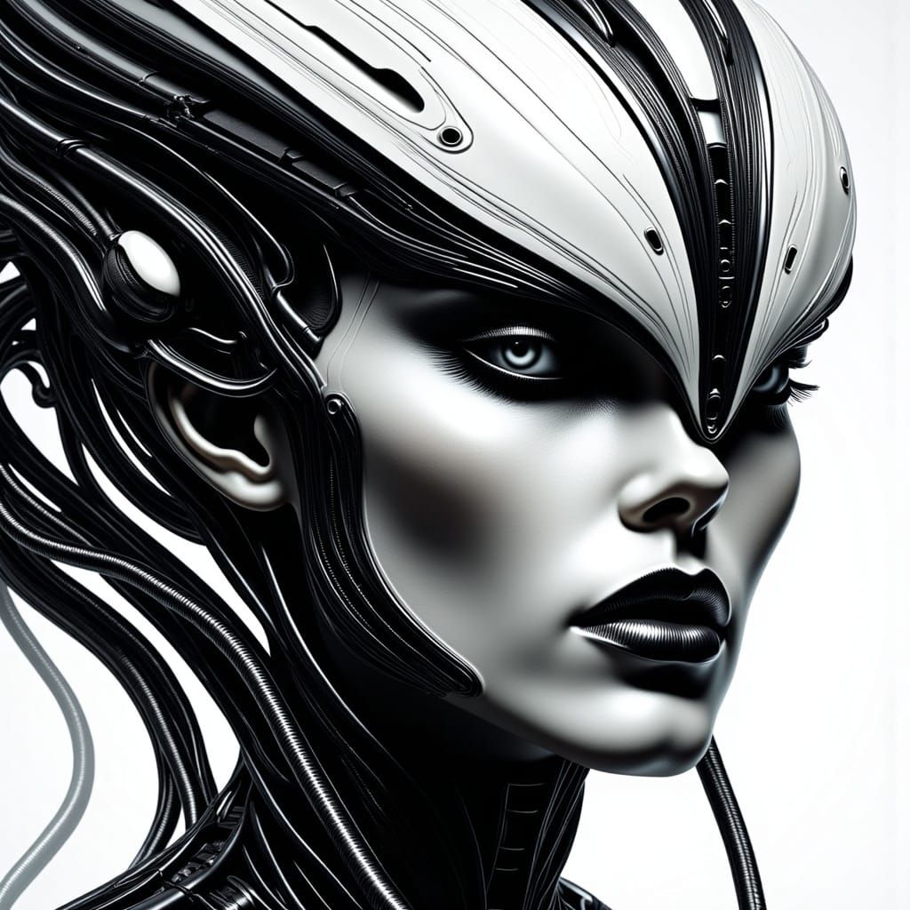 Abstract Alien Face in Biopunk Monochrome Style