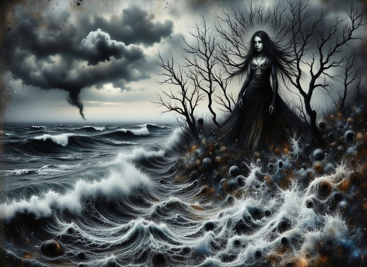 Dark Sea Goddess Rises from Stormy Watercolor Waves