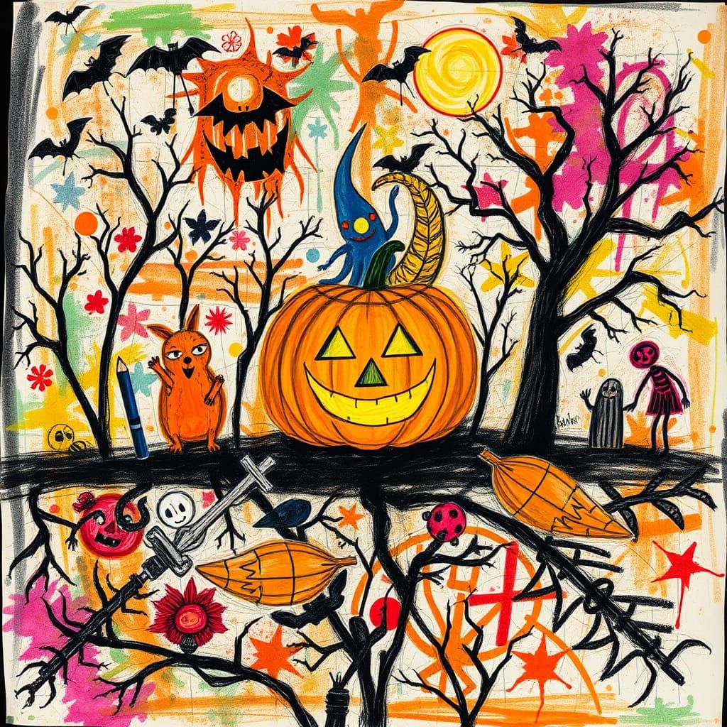 Child's Crayon Halloween Drawing in Rayograph Style