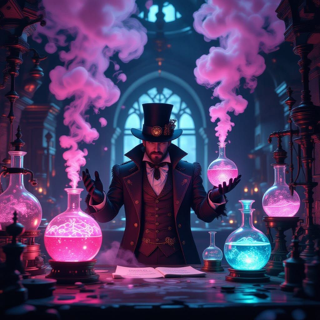 Mysterious Alchemist in Victorian Lab with Bioluminescent El...