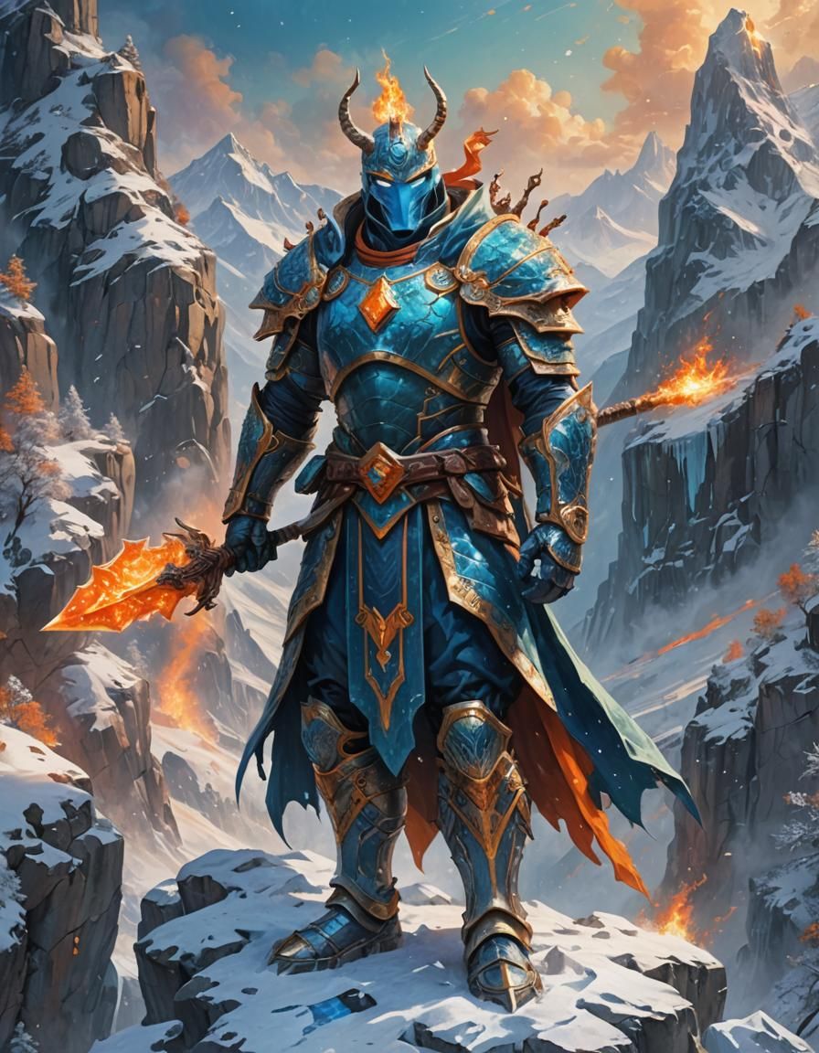 Fiery Snowman Warrior Overlooking Winter Dreamscape