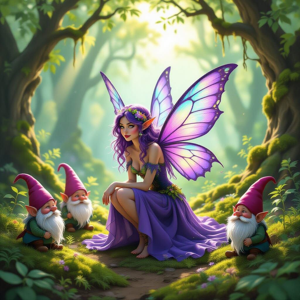 Whimsical Purple Fairy and Gnomes in Enchanted Forest