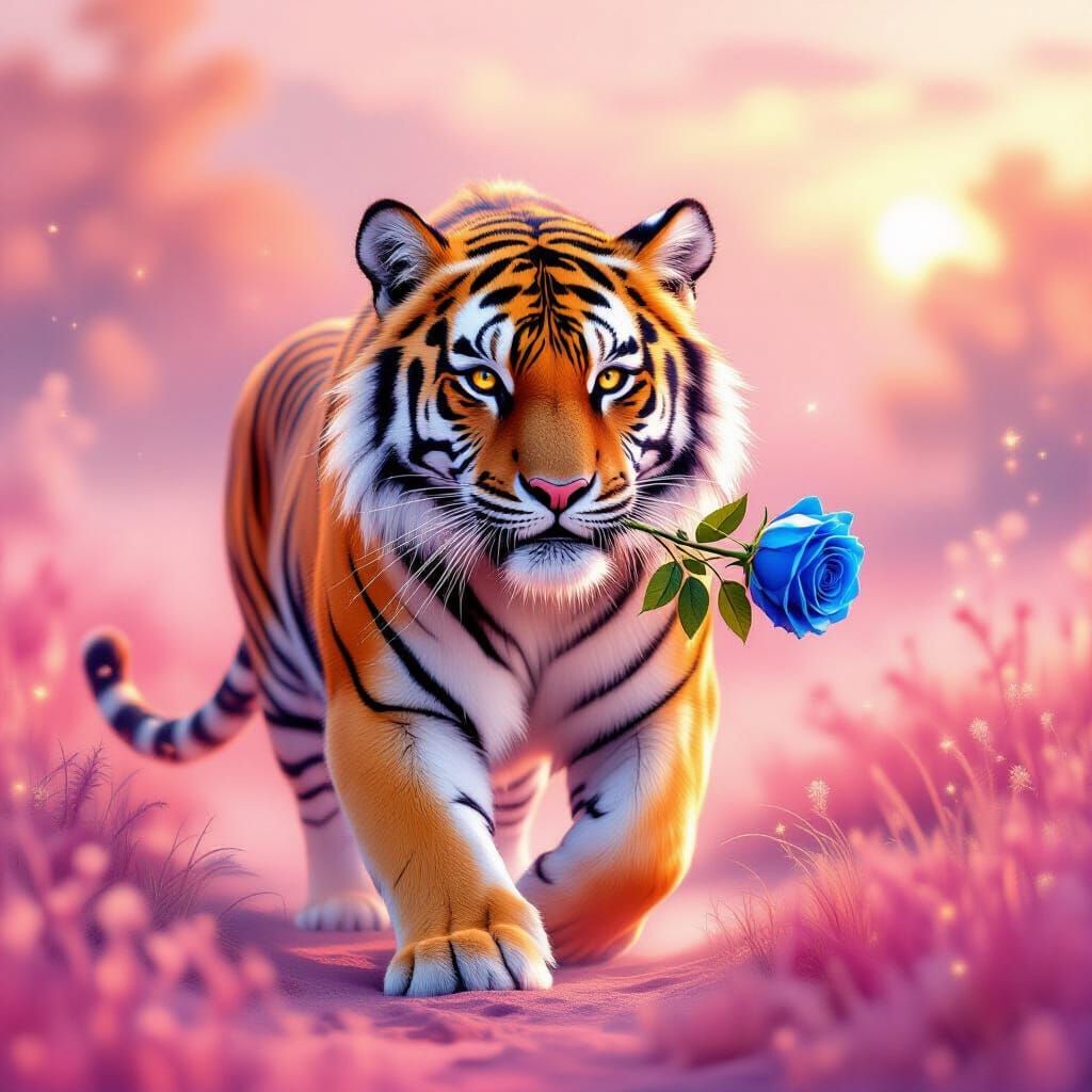 Tiger with Blue Rose in Surreal Dawn Landscape