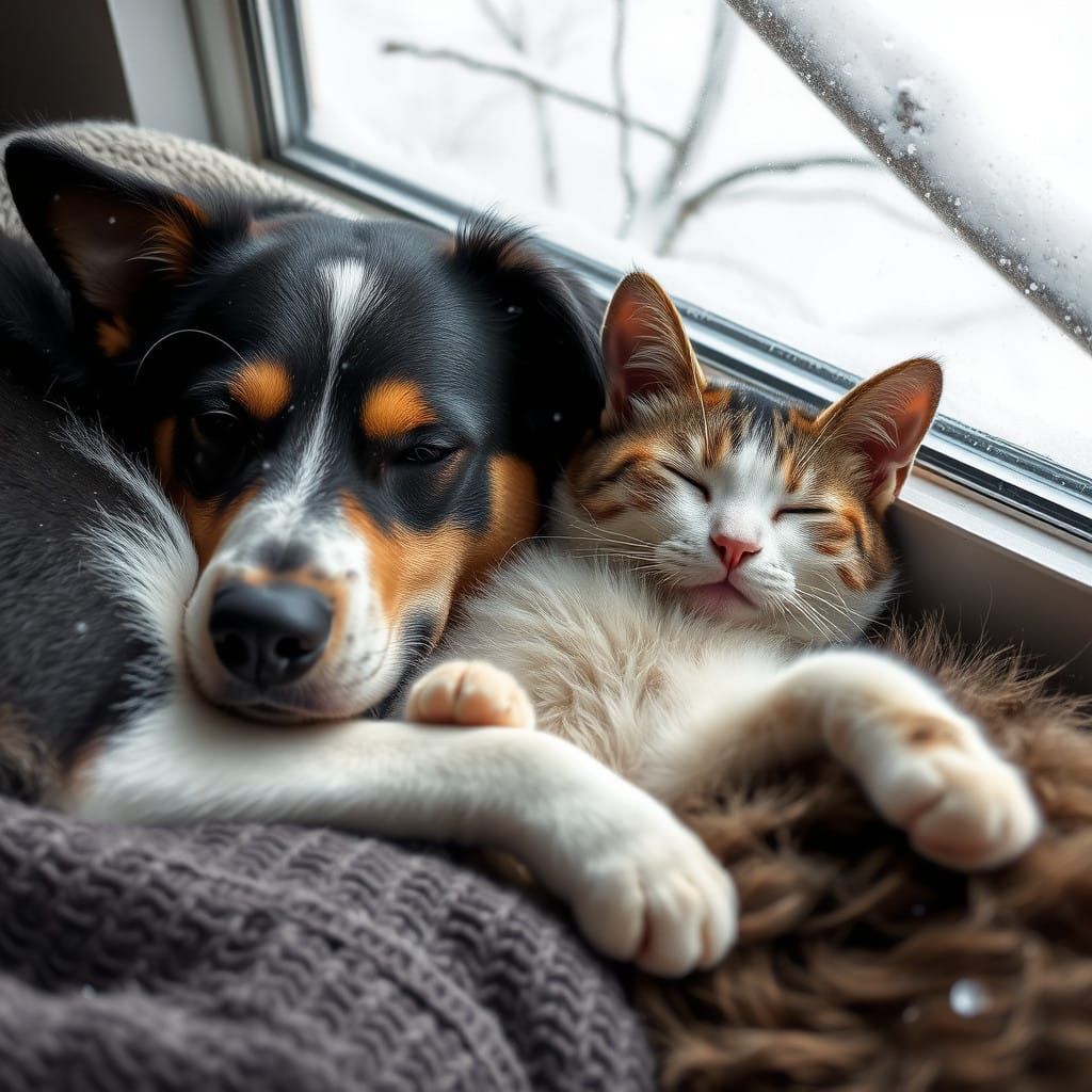 Peaceful Winter Scene with Sleeping Dogs and Cats