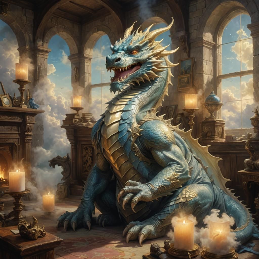 Dragon Taivas Contemplating with Strange Types: Fantasy Art