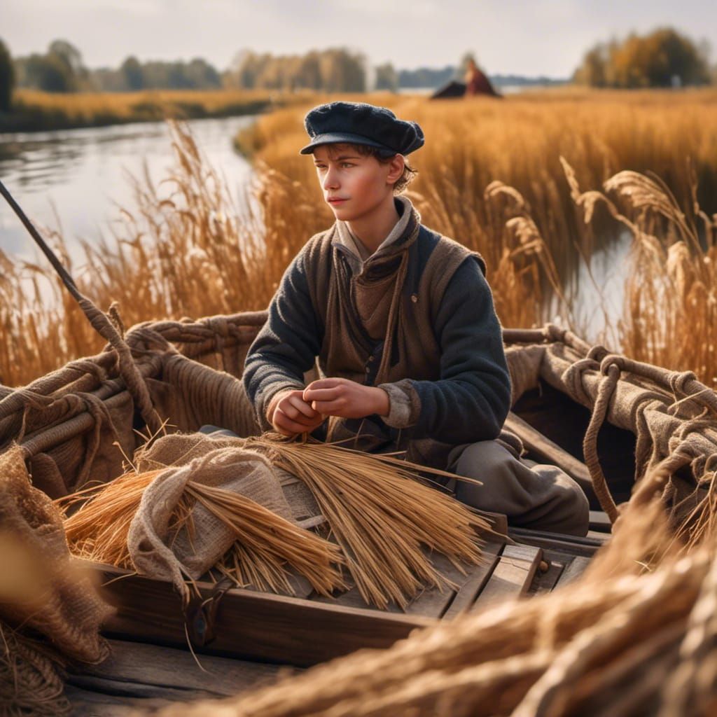 Medieval Cargo Barge with Sailor: Hyperrealistic Autumn Scen...