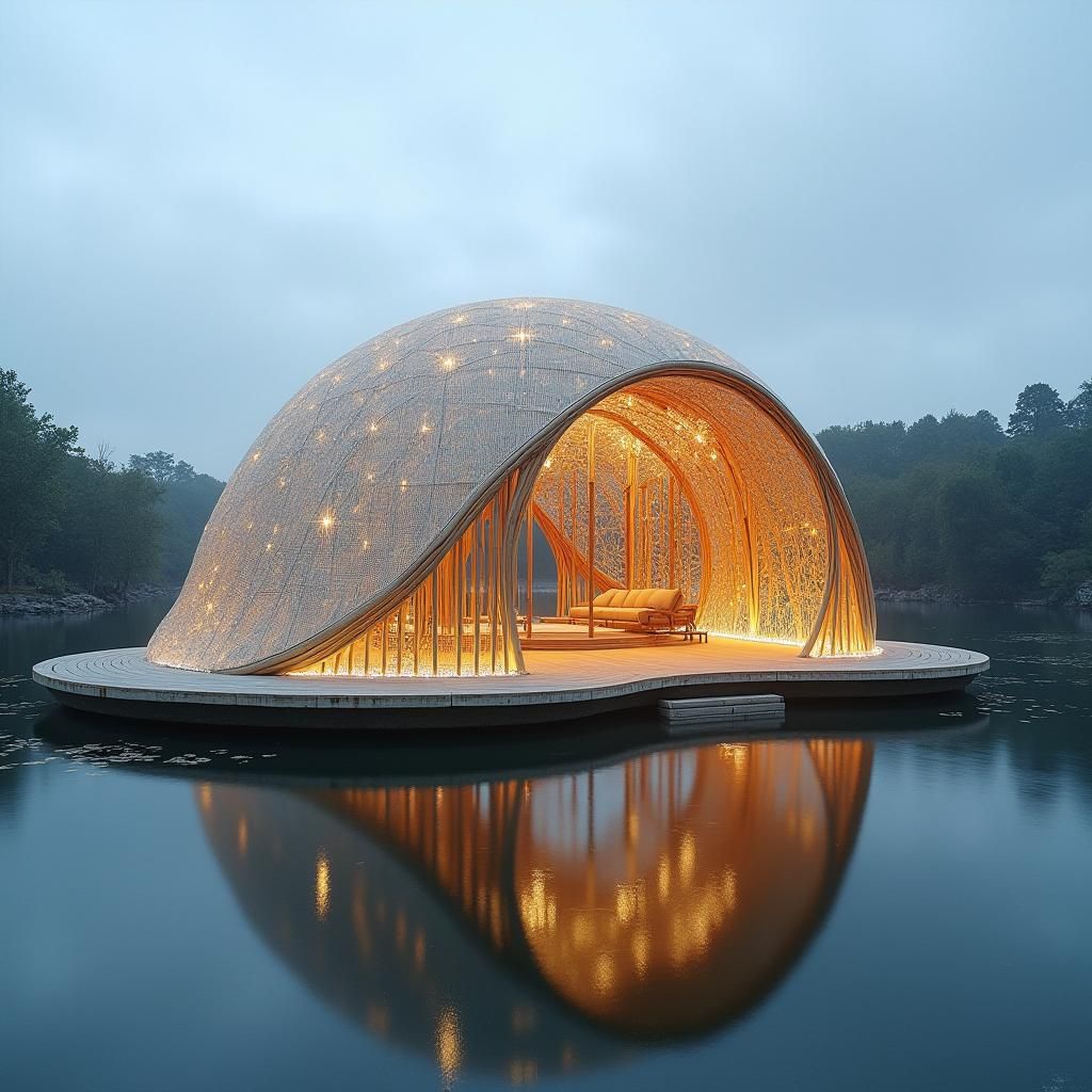 Majestic Bamboo Pavilion Reflecting on Lake