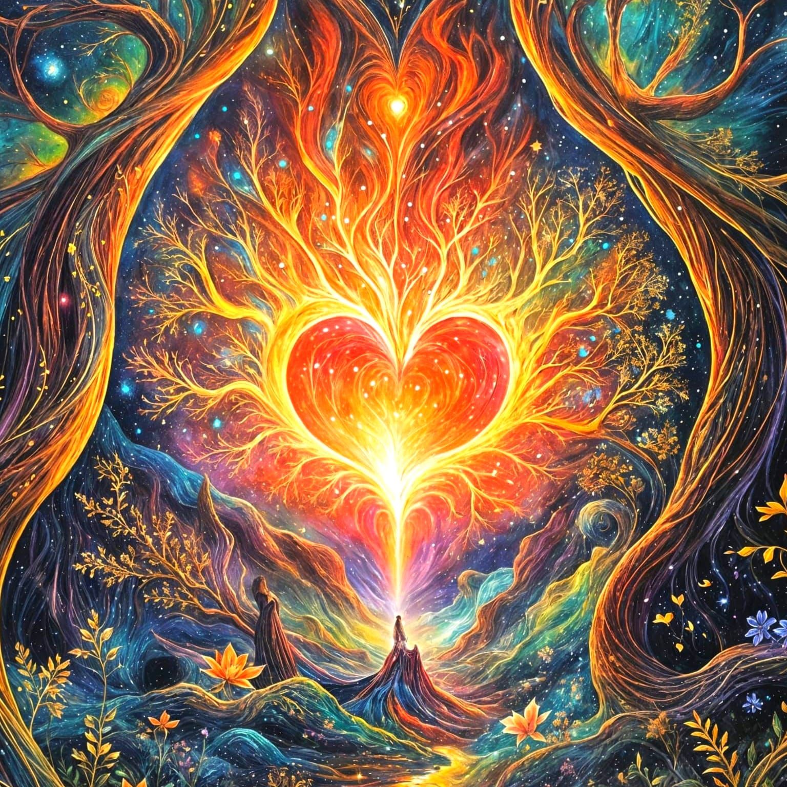 The Heart as Radiant Aurora in Deep, Impasto Gouache