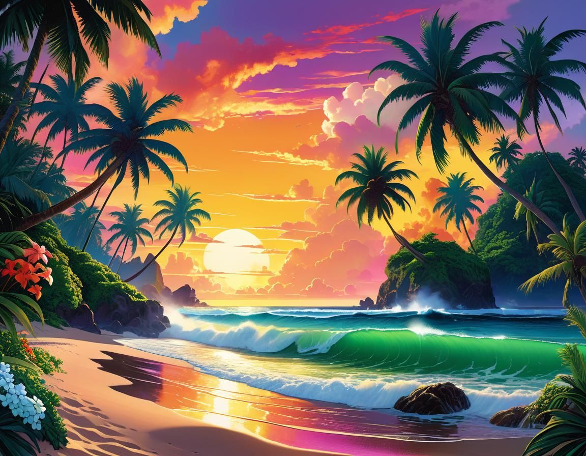Tropical Sunset: Cel-Shaded Watercolor Dreamscape