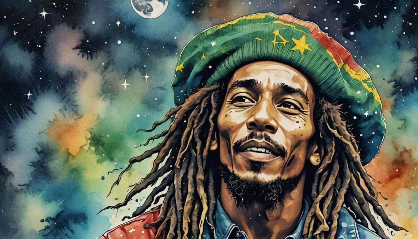 Bob Marley in Psychedelic Pop Art Under Starry Sky