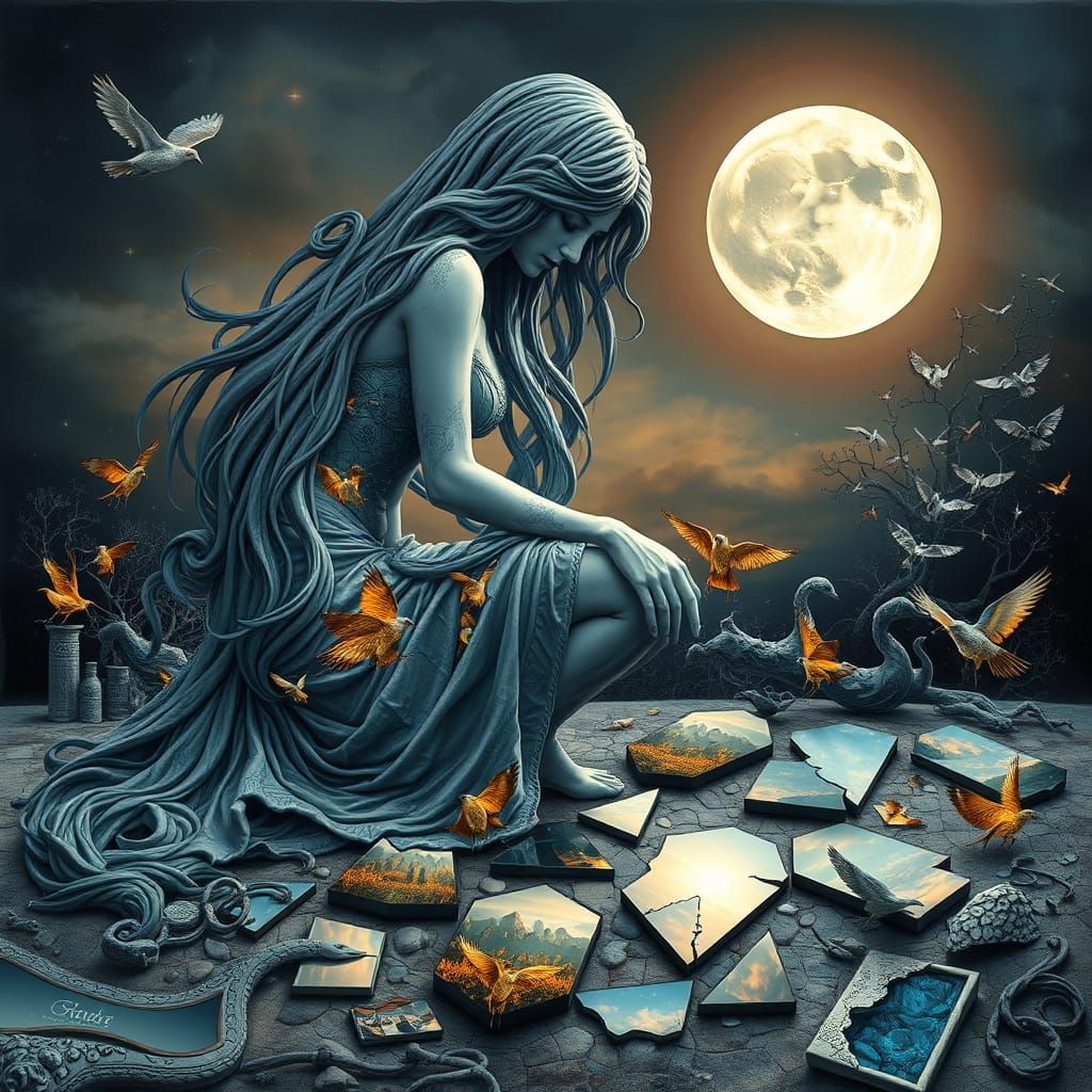 Surreal Sculpture: Woman, Moonlight, and Broken Mirrors