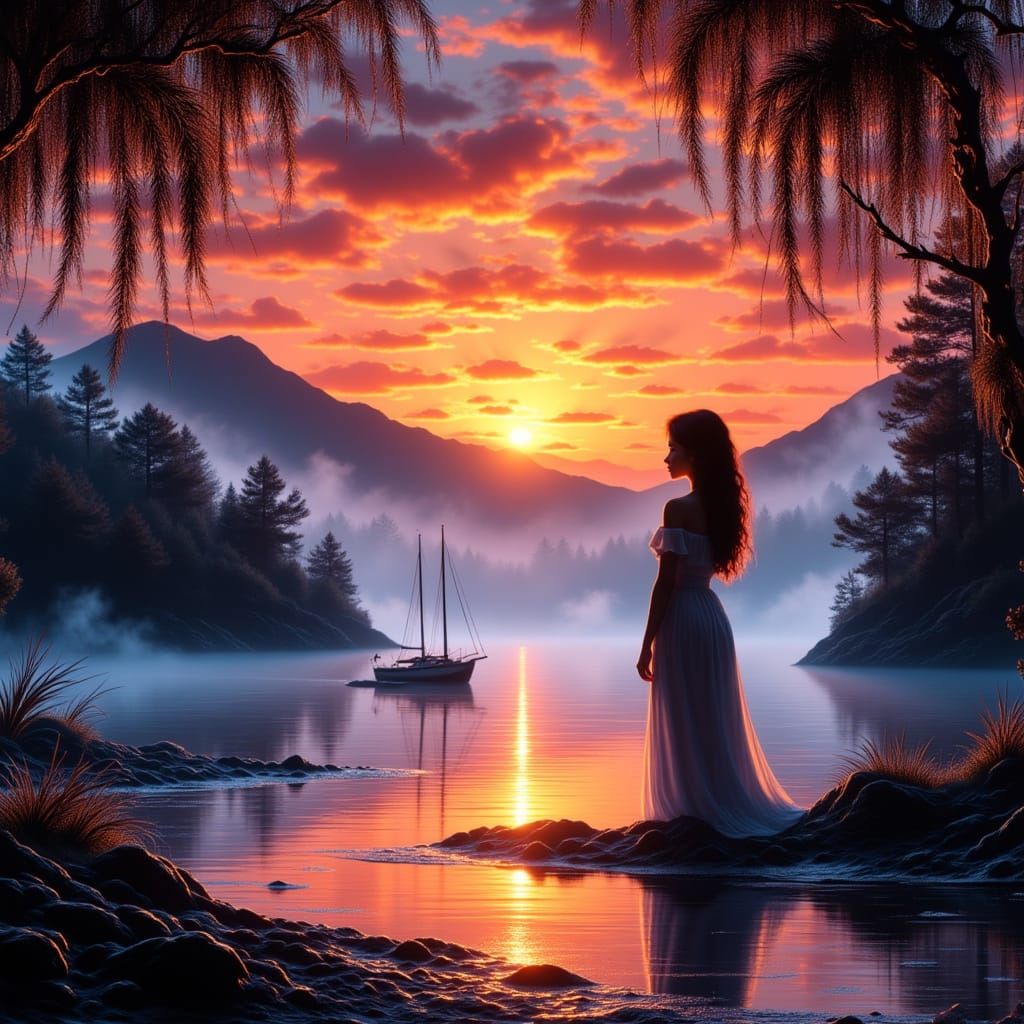 Woman on Beach with Sailboat and Moon