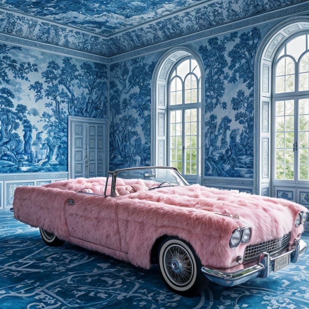 Surreal Luxury Car in Chinoiserie Baroque Room