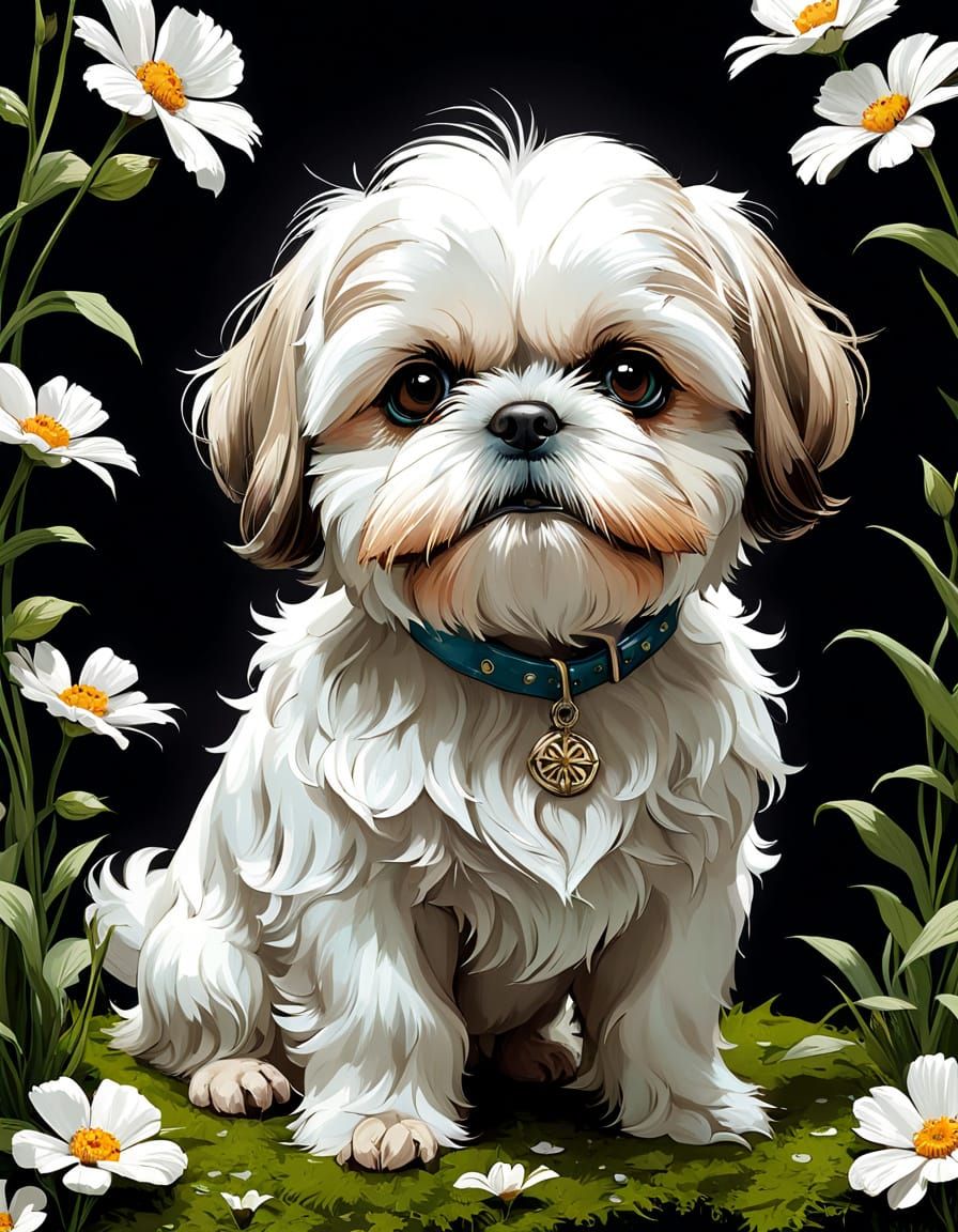 Whimsical Springtime Shih Tzu in Digital Art