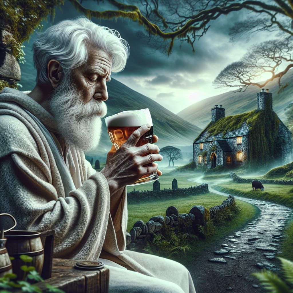 Gandalf Savoring Beer in Rivendell Irish Pub