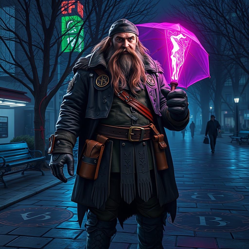 Enchanted Urban Guardian with Glowing Wand, Dark Fantasy Sty...