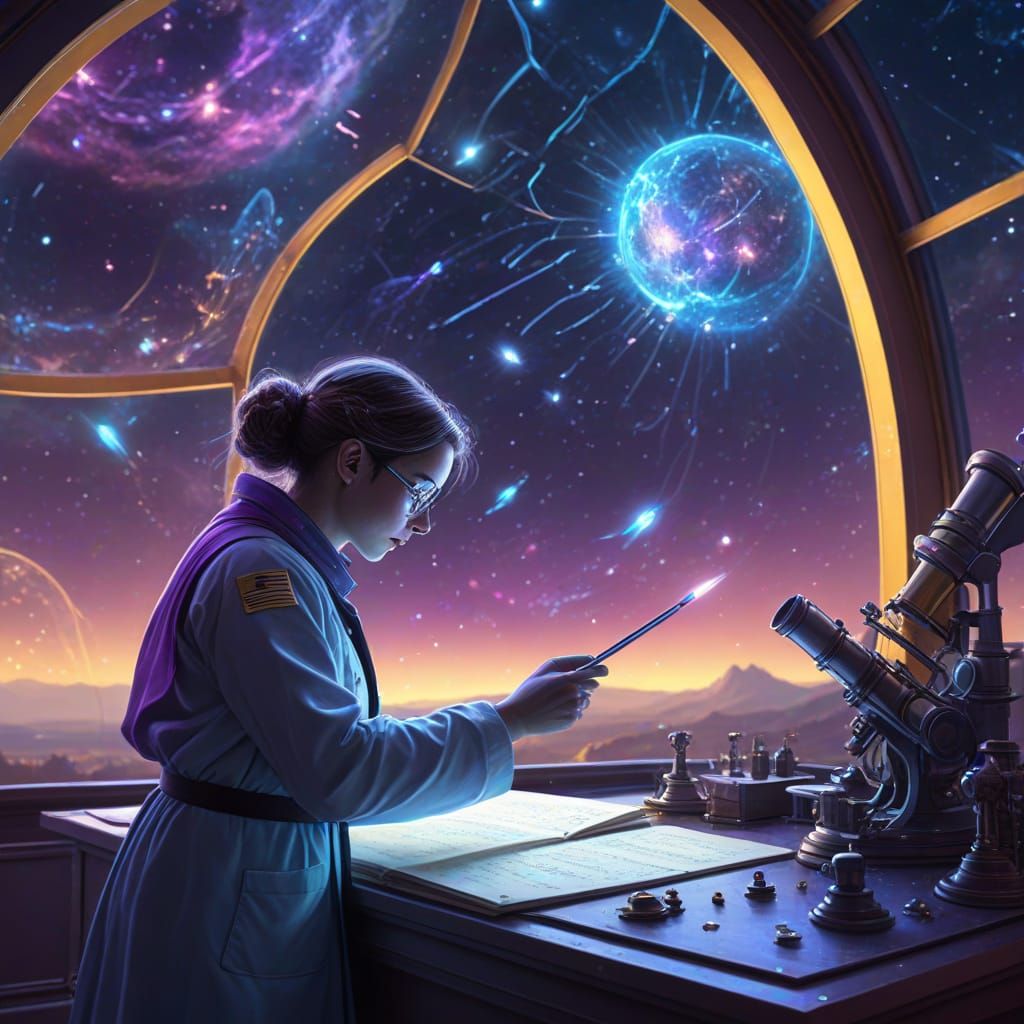 Scientist Studying Constellations in Futuristic Observatory