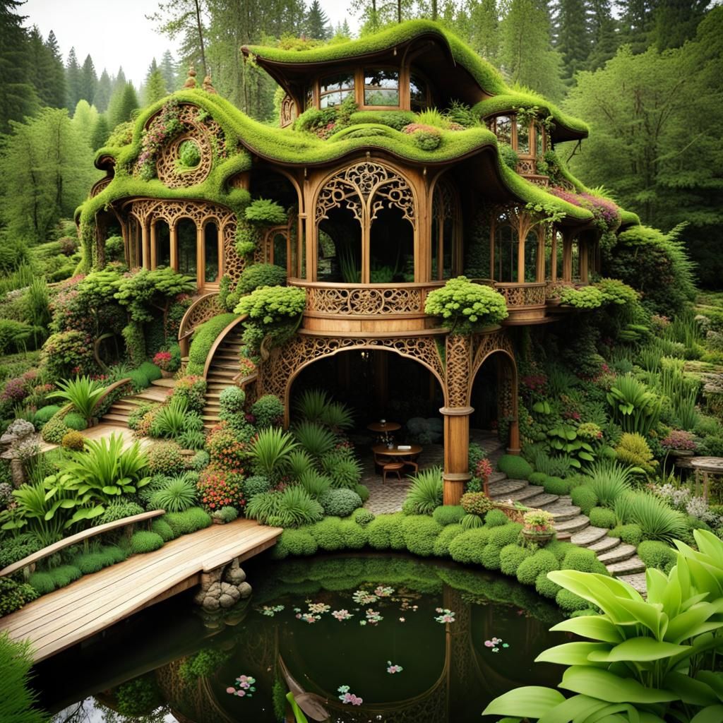 Ornate Tea House Built into Hillside as Impasto Painting