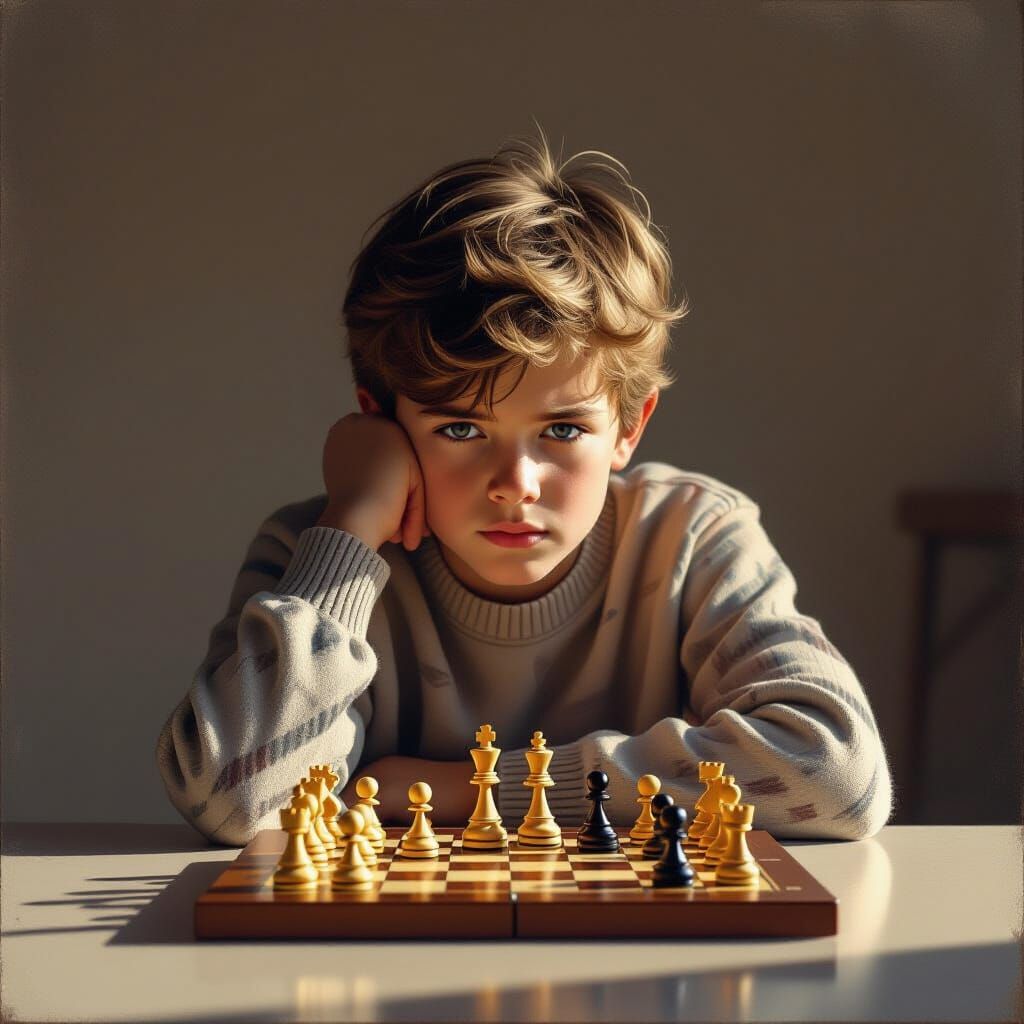 Focused Boy Plays Chess in Minimalist Room