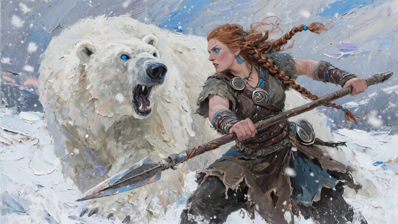 Viking Woman Versus Polar Bear: Impasto Painting