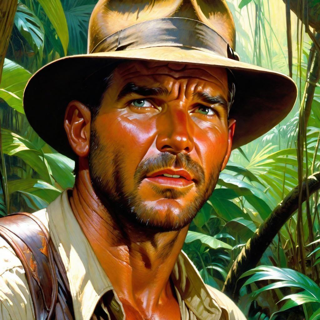Indiana Jones Portrait in Jungle, Detailed Painting