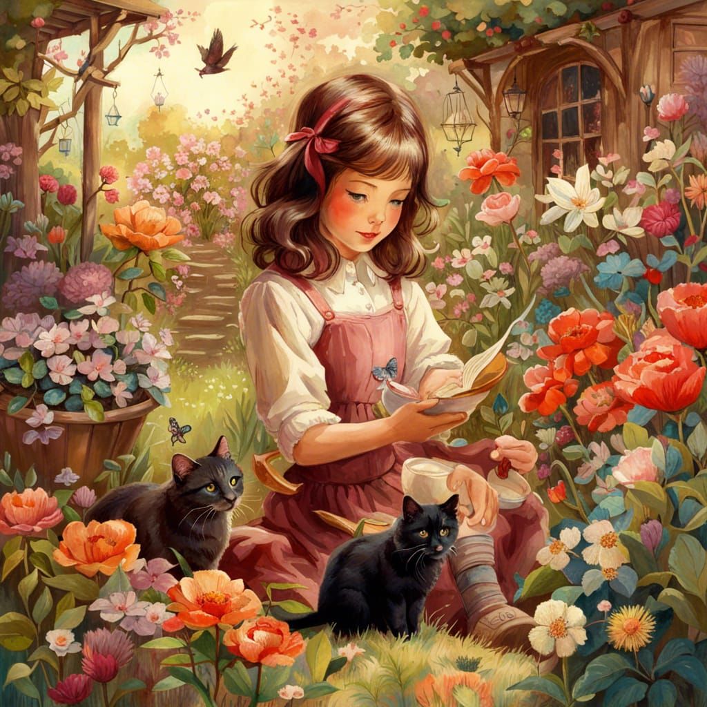 Girl and Cat in Blooming Garden: Naive Art