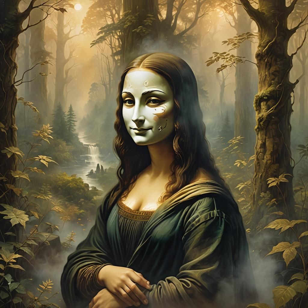 Mona Lisa in Guy Fawkes Mask in Ethereal Forest