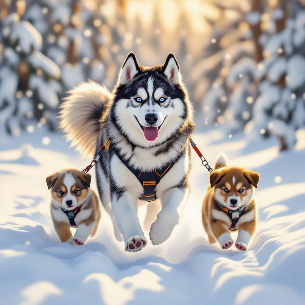 Alaskan Malamute and Puppies in Winter Wonderland