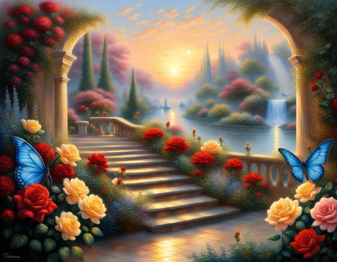 Garden Path with Roses: Oil Painting in Hyperdetailed Style