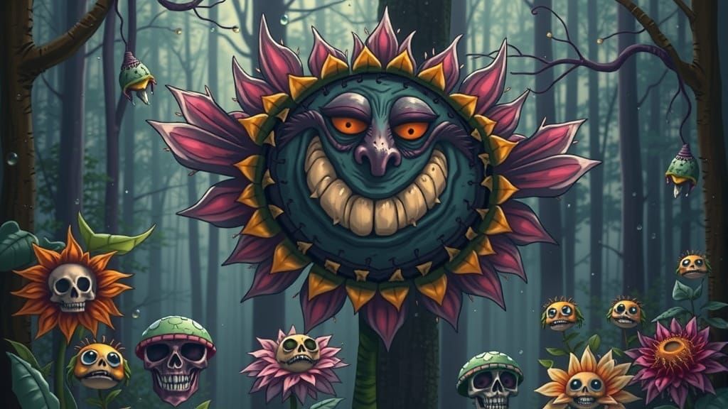 Monstrous Cartoon Flower in Spooky Twilight Garden