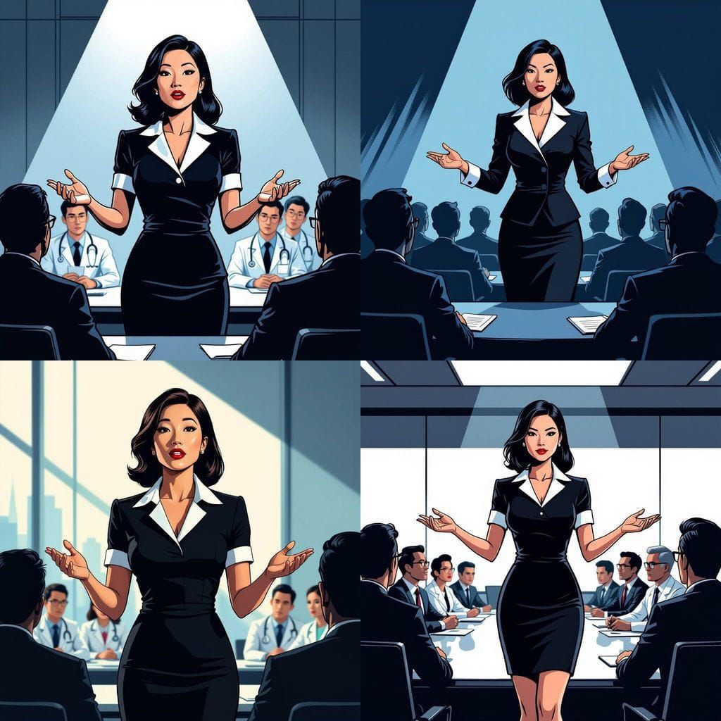 Asian Executive Presents to Doctors in Graphic Novel Style