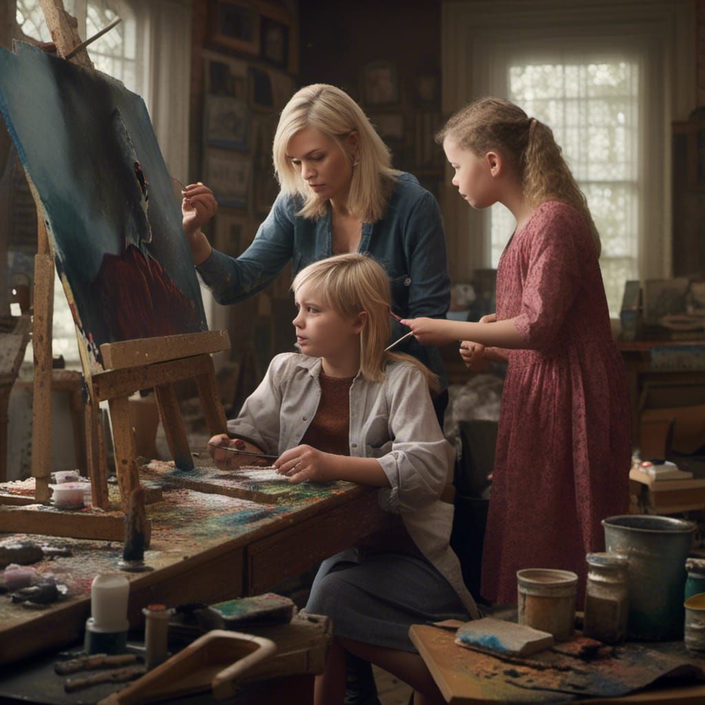 Blonde Woman Teaching Children to Paint: Mixed Media Portrai...