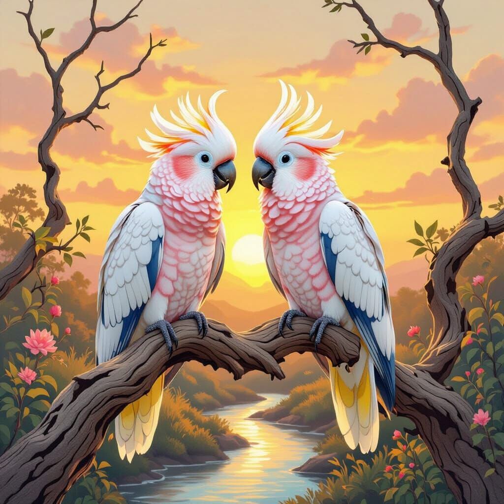 Pair of Cockatoos at Sunrise in Audubon Style